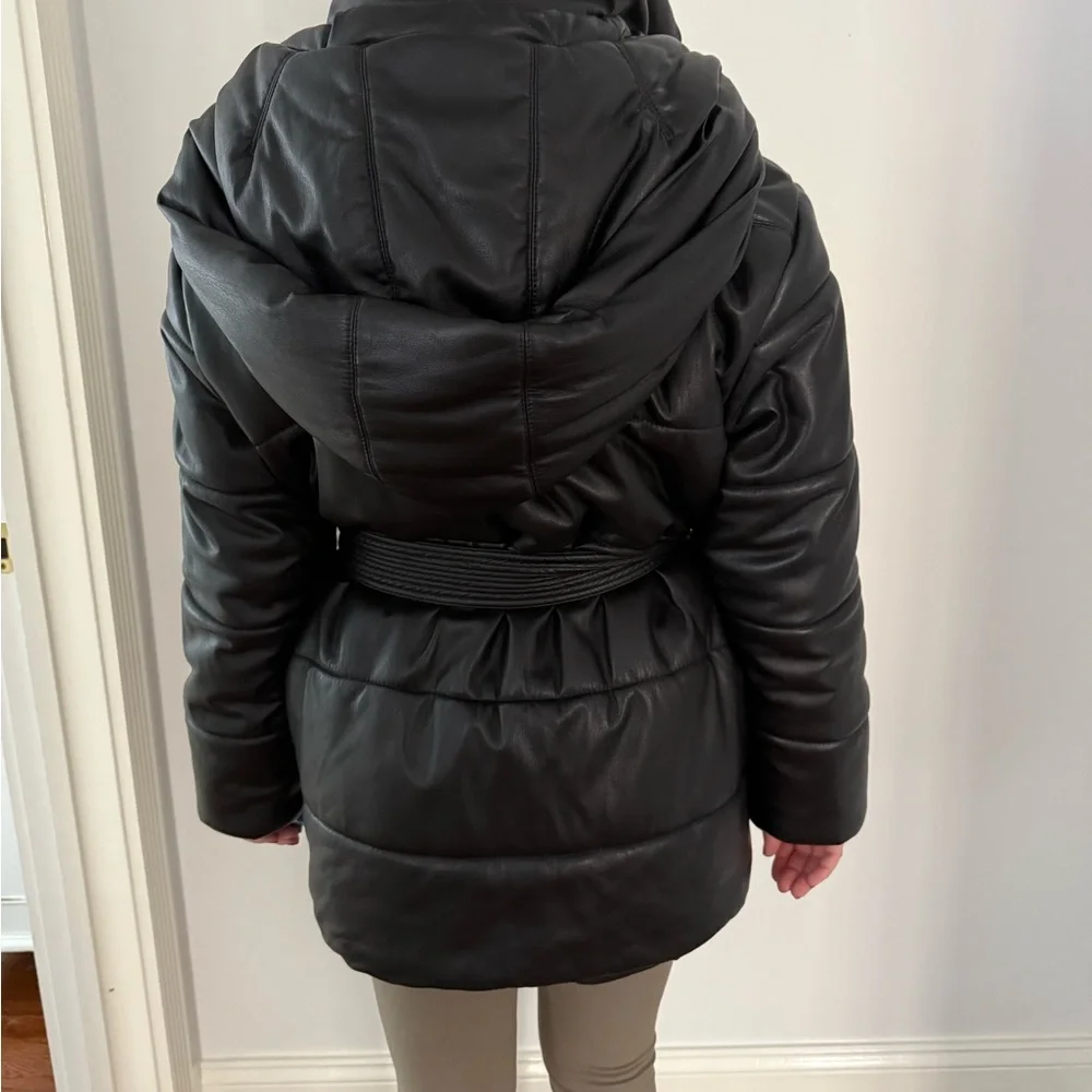 Nanushka Black Belted Vegan Leather Puffer Jacket - Picture 3 of 6